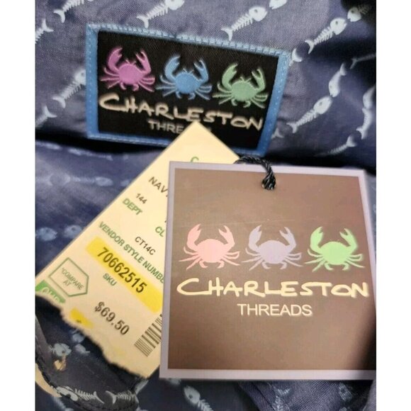 Charleston Threads Mens Short Sleeve Shirt Fish Bone Print Blue Size Large - Picture 4 of 6